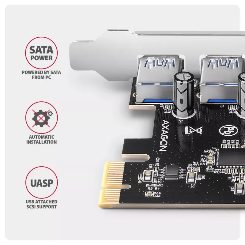 Axagon PCEU-430RS κάρτα ελεγκτή PCIe 2.0 x1, 4x εξωτερικά USB-A 5 Gbps (USB 3.2 Gen 1), Renesas PD720201, UASP, τροφοδοσία SATA 15 ακίδων