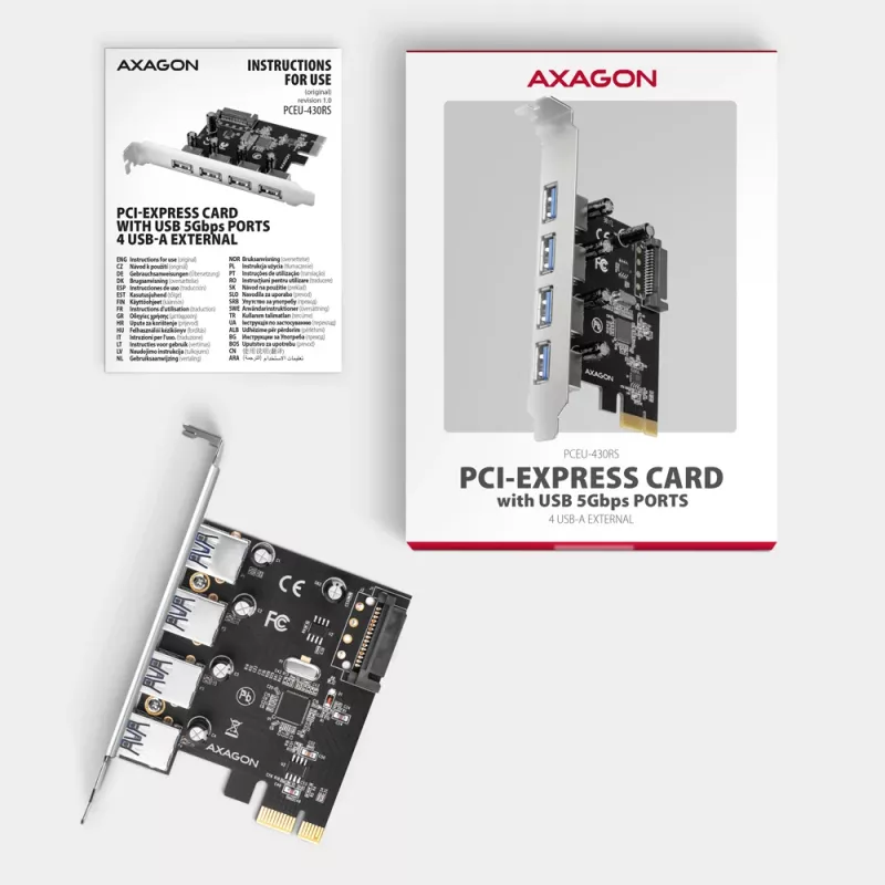 Axagon PCEU-430RS κάρτα ελεγκτή PCIe 2.0 x1, 4x εξωτερικά USB-A 5 Gbps (USB 3.2 Gen 1), Renesas PD720201, UASP, τροφοδοσία SATA 15 ακίδων
