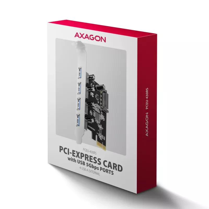 Axagon PCEU-430RS κάρτα ελεγκτή PCIe 2.0 x1, 4x εξωτερικά USB-A 5 Gbps (USB 3.2 Gen 1), Renesas PD720201, UASP, τροφοδοσία SATA 15 ακίδων
