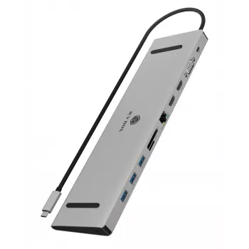 ICY BOX 11-in-1 via USB Type-C, ενσύρματο, USB 3.2 Gen 1 (3.1 Gen 1) Type-C, 100 W, 3,5 mm, 10,100,1000 Mbit/s, ανθρακί, μαύρο