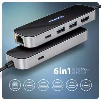 Axagon HMC-6GLN Hub USB 5Gbps, 2x USB-A, USB-C, HDMI 4k/60Hz, RJ-45, PD 100W, Καλώδιο USB-C