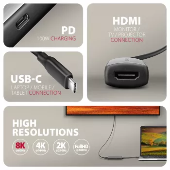 Axagon RVC-HI8KPD, προσαρμογέας USB-C -> HDMI 2.1, 8K/60Hz, 4K/144Hz, HDR10+, PD100W