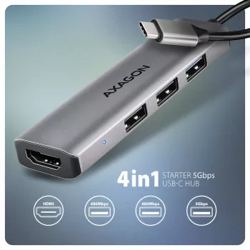 Hub Axagon HMC-H3A USB 5Gbps, 3x USB-A, HDMI 4k/30Hz, καλώδιο USB-C 15cm