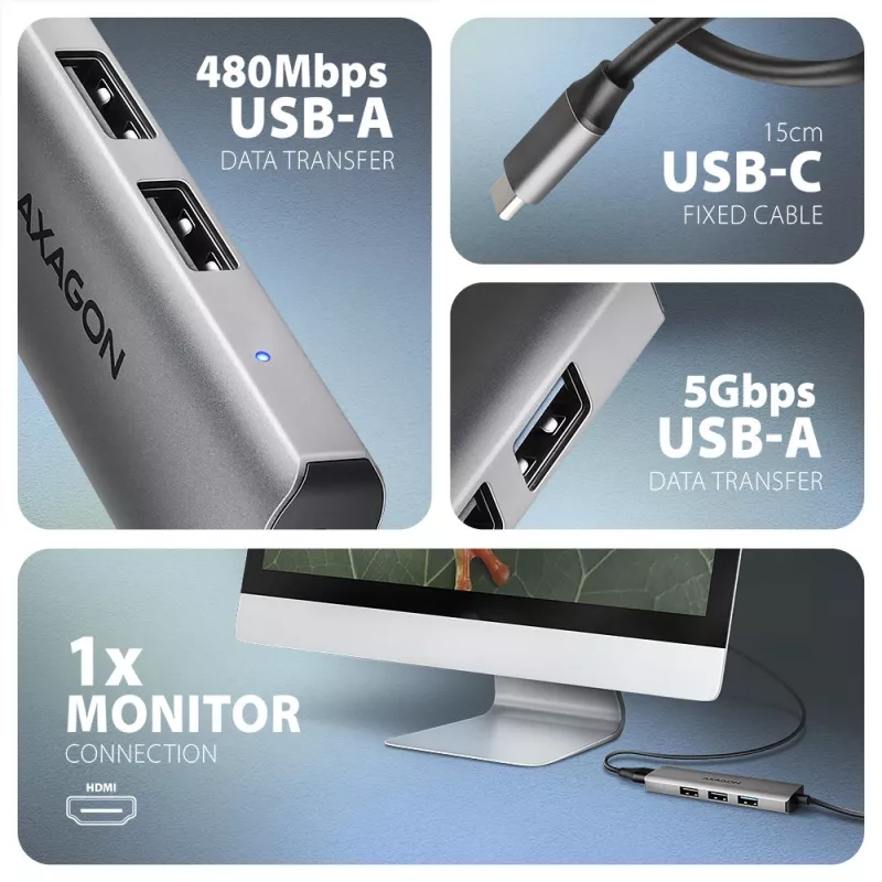 Hub Axagon HMC-H3A USB 5Gbps, 3x USB-A, HDMI 4k/30Hz, καλώδιο USB-C 15cm
