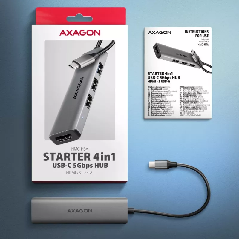 Hub Axagon HMC-H3A USB 5Gbps, 3x USB-A, HDMI 4k/30Hz, καλώδιο USB-C 15cm