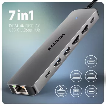 Hub Axagon HMC-7HX2 USB 5Gbps, 2x USB-A, USB-C, 2x HDMI 4K/60Hz, RJ-45, PD 100W
