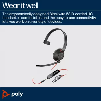 HP Poly Blackwire 5210 Μονοφωνικό Headset USB-C + Βύσμα 3.5mm + Προσαρμογέας USB-C/A