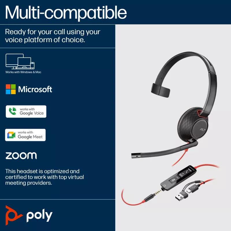 HP Poly Blackwire 5210 Μονοφωνικό Headset USB-C + Βύσμα 3.5mm + Προσαρμογέας USB-C/A