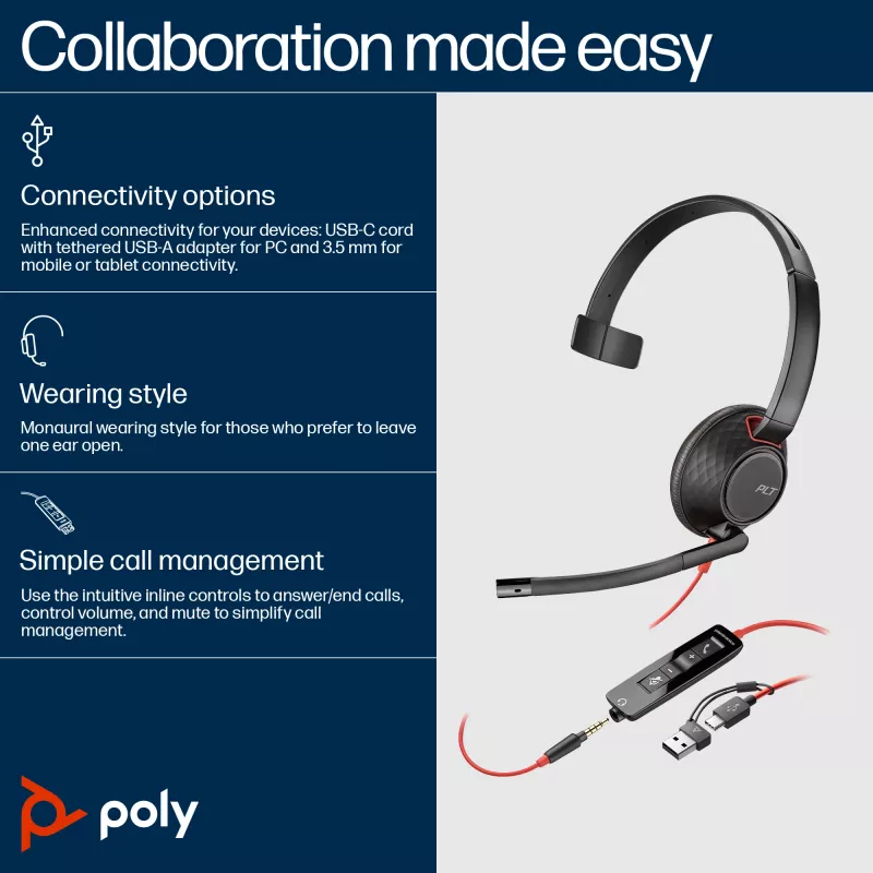 HP Poly Blackwire 5210 Μονοφωνικό Headset USB-C + Βύσμα 3.5mm + Προσαρμογέας USB-C/A
