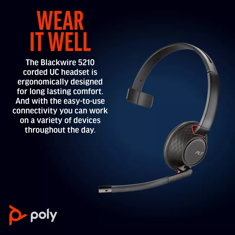 HP Poly Blackwire 5210 Μονοφωνικό Headset USB-C + Βύσμα 3.5mm + Προσαρμογέας USB-C/A