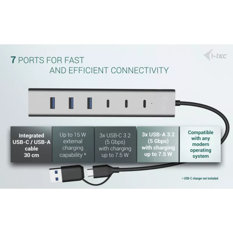 i-tec USB-C/USB-A Μεταλλικό HUB φόρτισης 7 θυρών (3x USB-C, 4x USB-A)