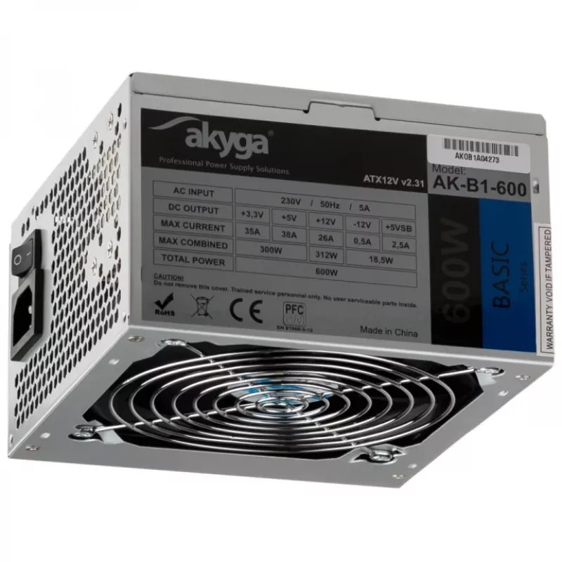 Akyga Basic AK-B1-600 ATX τροφοδοτικό 600 W, ανεμιστήρας 120 mm, παθητικό PFC, γκρι