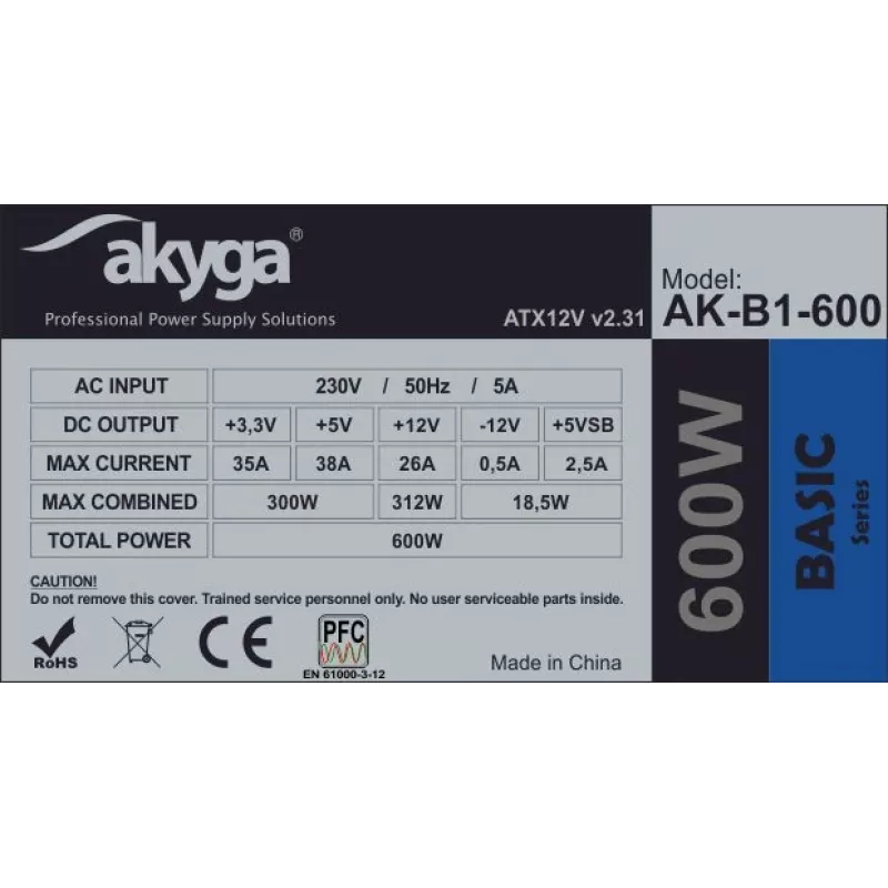 Akyga Basic AK-B1-600 ATX τροφοδοτικό 600 W, ανεμιστήρας 120 mm, παθητικό PFC, γκρι