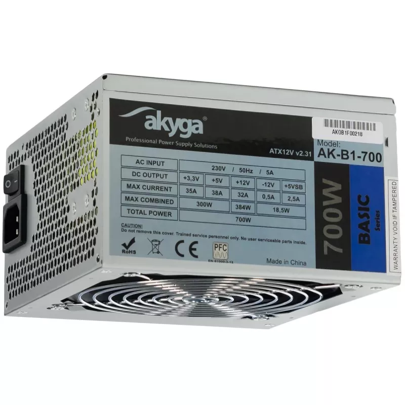 Akyga AK-B1-700 Basic 700 W ATX τροφοδοτικό, παθητικό PFC, ανεμιστήρας 120 mm, γκρι