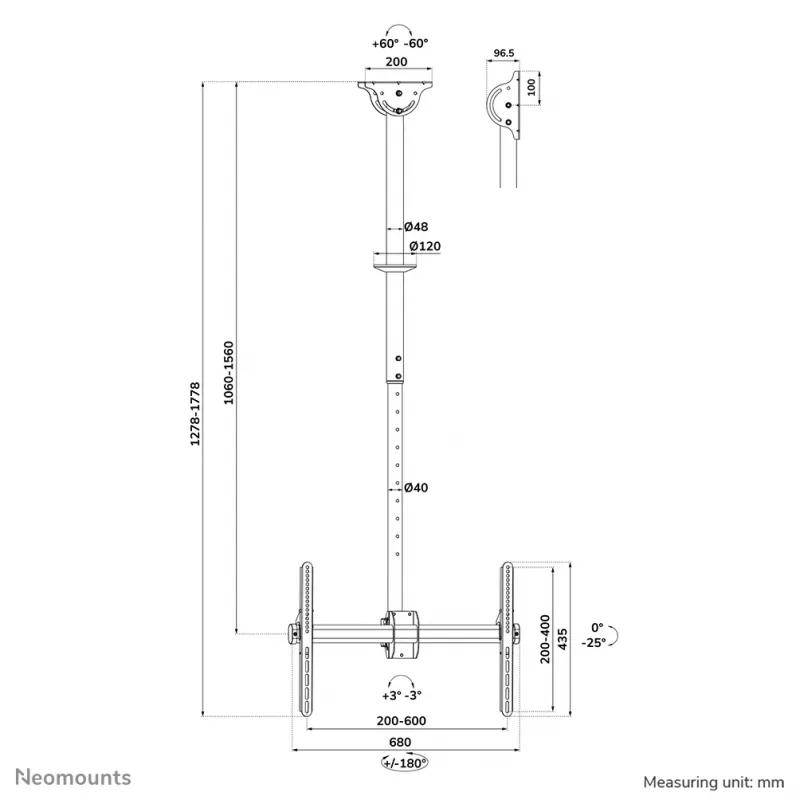 Βάση οροφής οθόνης/τηλεόρασης Neomounts CL35-440BL16L 37-70 ίντσες - H 106-156 cm