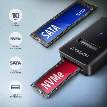 Θήκη SSD AXAGON ADM2-AM USB-A 10 Gbit/s για μεμονωμένο δίσκο M.2 NVMe/SATA, USB 3.2 Gen 2, καλώδιο 10 cm, μαύρο