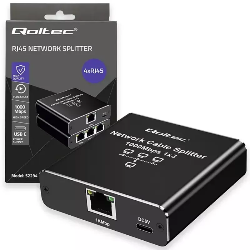 Ethernet splitter QOLTEC 52294 1x3 RJ45 με είσοδο τροφοδοσίας USB-C
