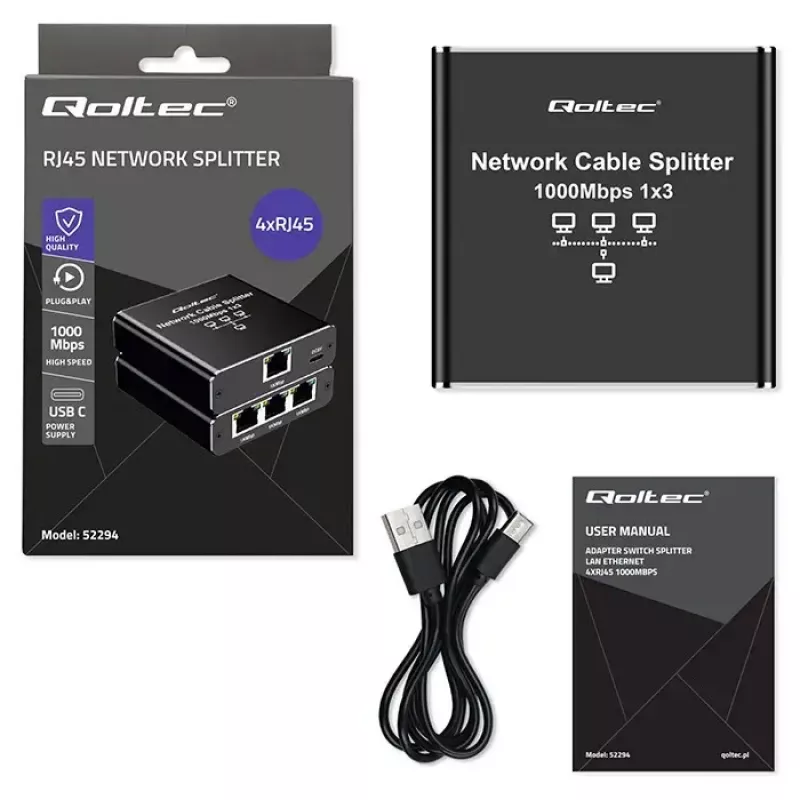 Ethernet splitter QOLTEC 52294 1x3 RJ45 με είσοδο τροφοδοσίας USB-C