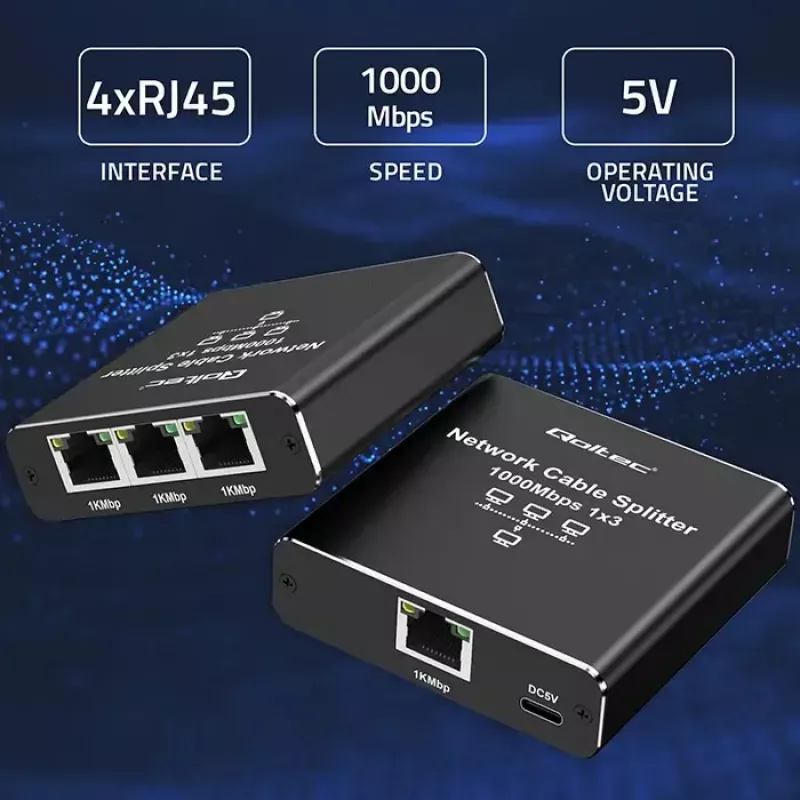 Ethernet splitter QOLTEC 52294 1x3 RJ45 με είσοδο τροφοδοσίας USB-C