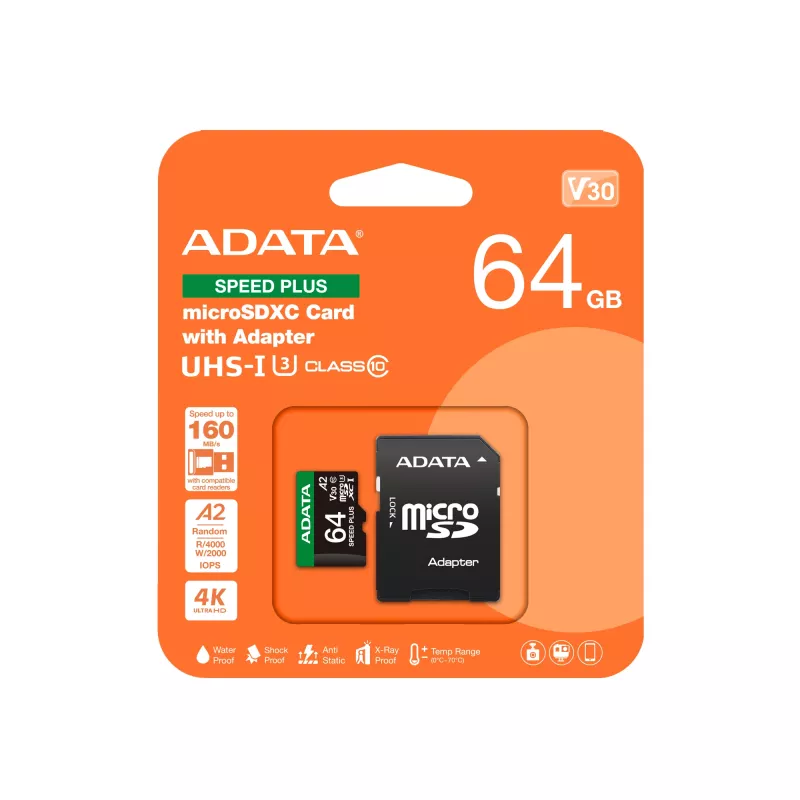 Κάρτα MicroSDXC ADATA Speed Plus 64 GB UHS Class 3 Μοντέλο UD64GUI3V30A2SP-RA1