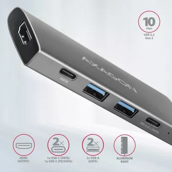 Axagon HMC-5G21 USB 10Gbps Hub, 2x USB-A, 2x USB-C, HDMI 4k/30Hz, PD 60W, καλώδιο USB-C