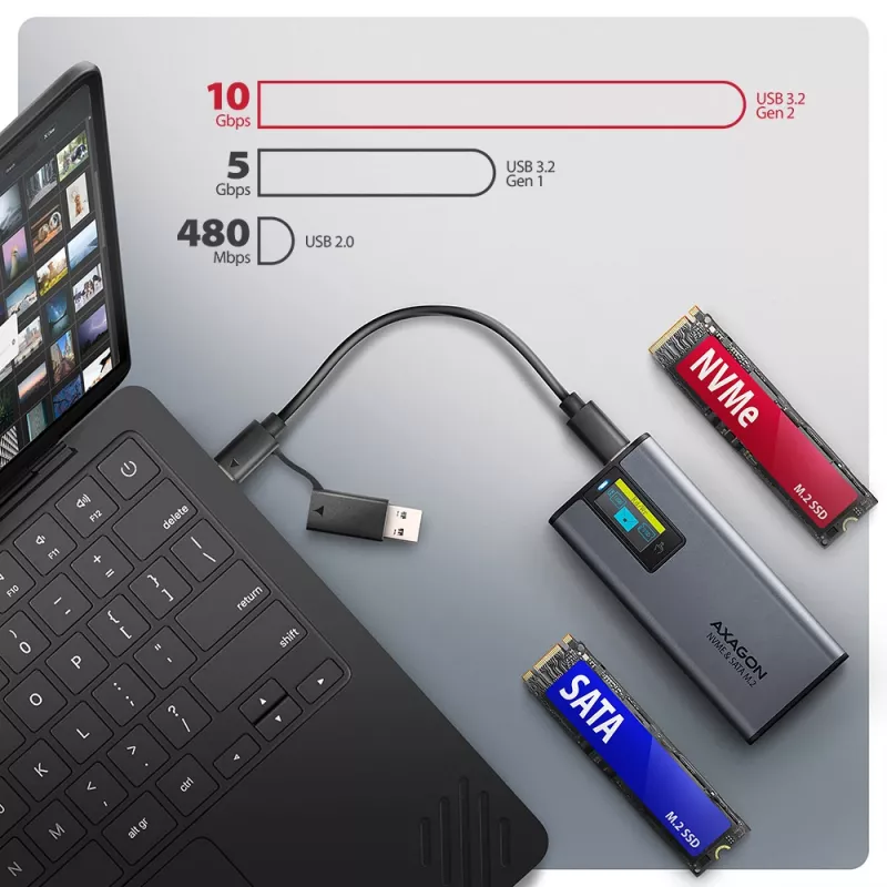 Axagon EEM2-SD2 USB-C 10Gbps - θήκη DISPLAY για M.2 NVMe & SATA SSD