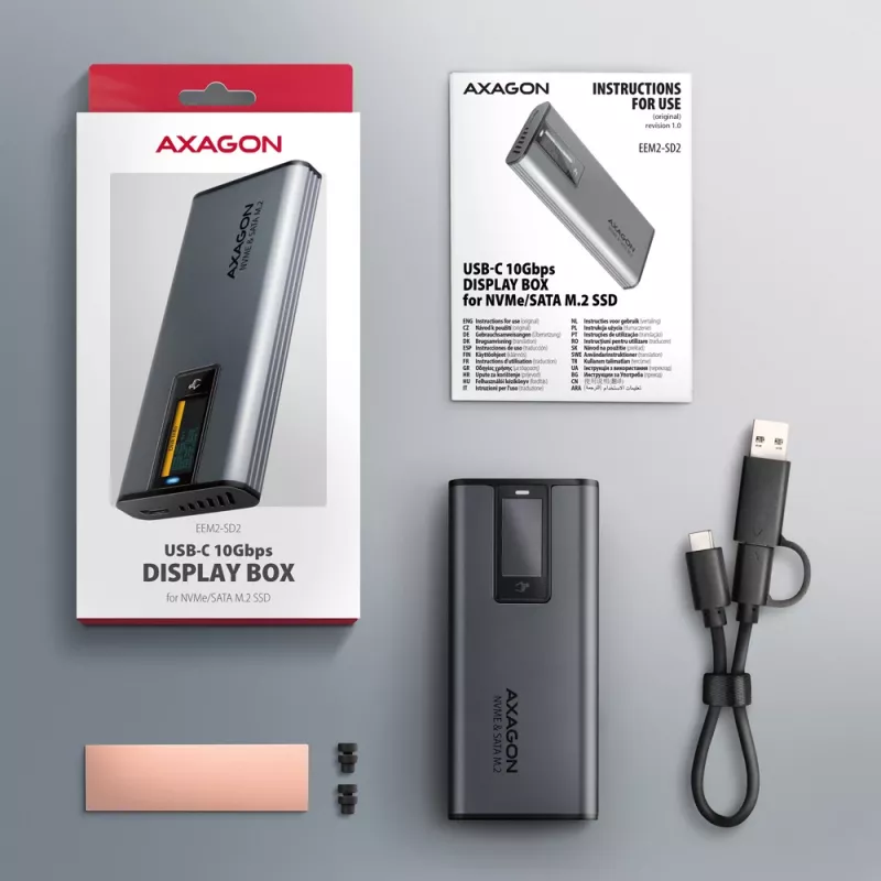 Axagon EEM2-SD2 USB-C 10Gbps - θήκη DISPLAY για M.2 NVMe & SATA SSD