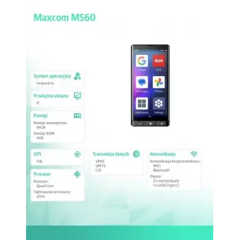 MAXCOM MS601 4G smartphone για ηλικιωμένους, 6 ιντσών, 4GB/64GB, Android 14, μαύρο