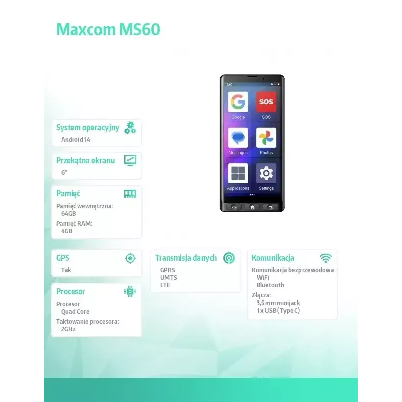 MAXCOM MS601 4G smartphone για ηλικιωμένους, 6 ιντσών, 4GB/64GB, Android 14, μαύρο