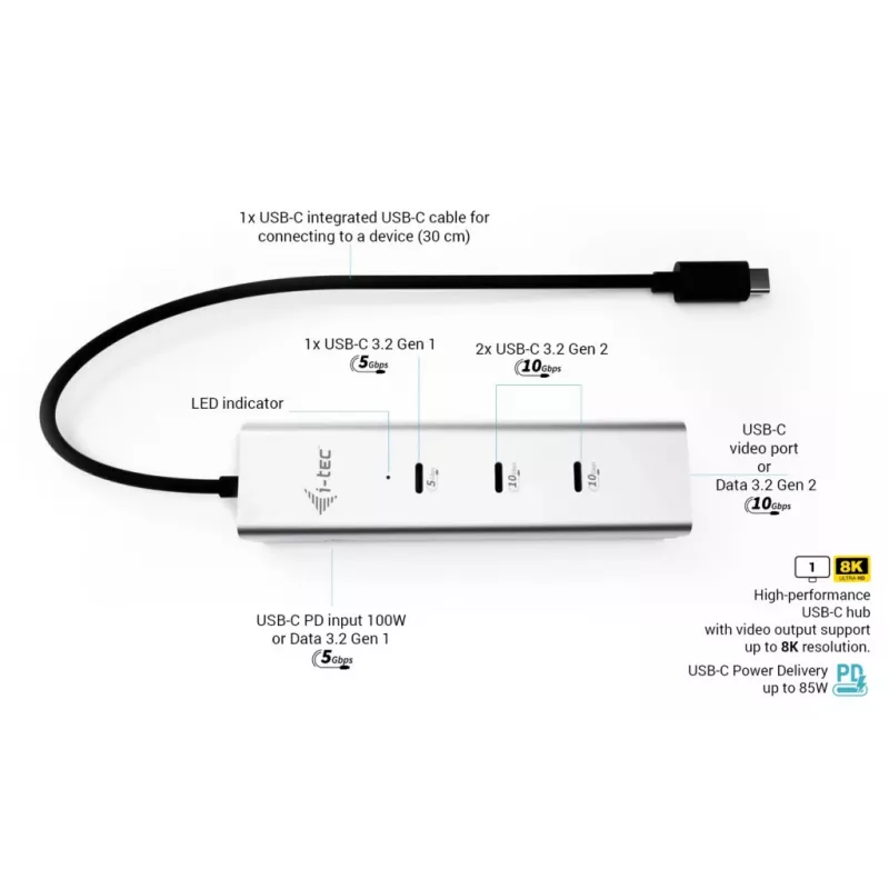 i-tec Metal USB-C Charging HUB 5 θυρών με USB-C Video 8K + Power Delivery 85W