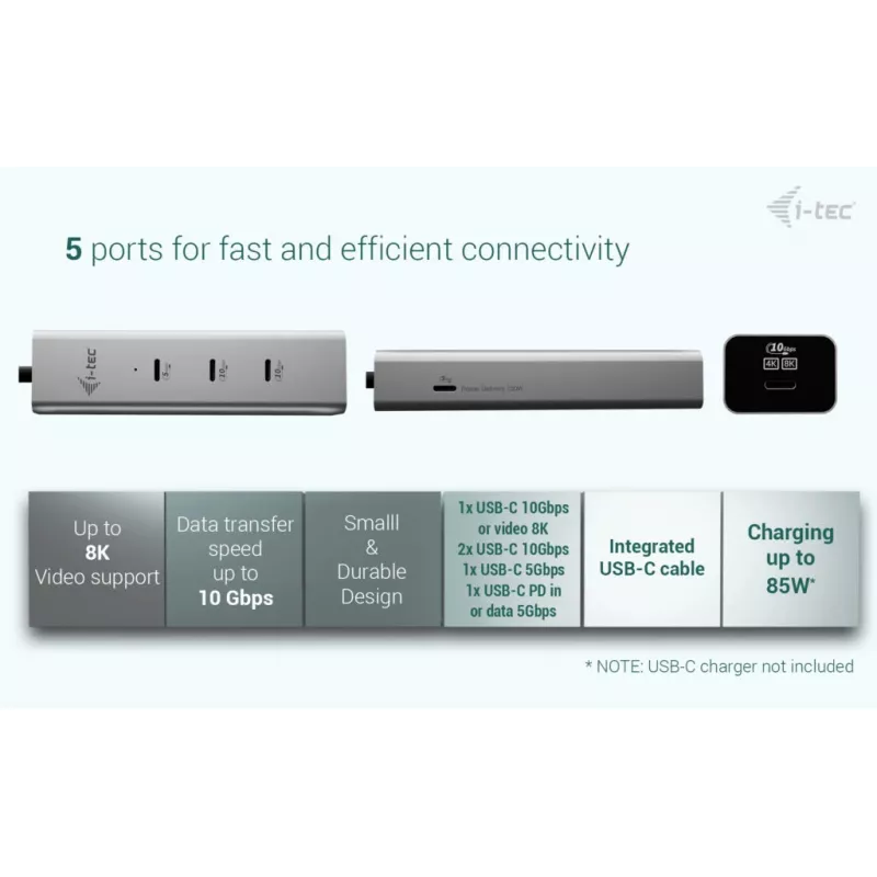 i-tec Metal USB-C Charging HUB 5 θυρών με USB-C Video 8K + Power Delivery 85W
