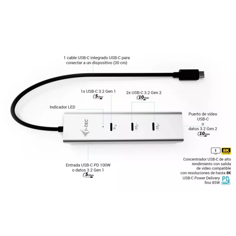 i-tec Metal USB-C Charging HUB 5 θυρών με USB-C Video 8K + Power Delivery 85W