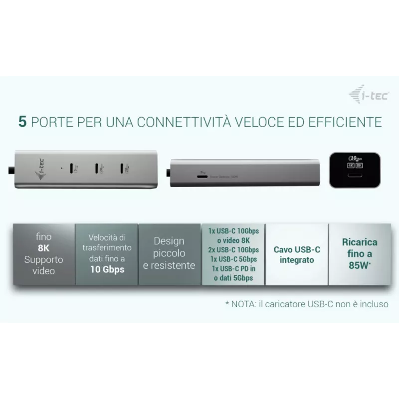 i-tec Metal USB-C Charging HUB 5 θυρών με USB-C Video 8K + Power Delivery 85W
