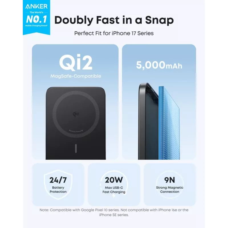 ANKER Nano Magnetic Wireless Power Bank 5000mah 15w μαύρο