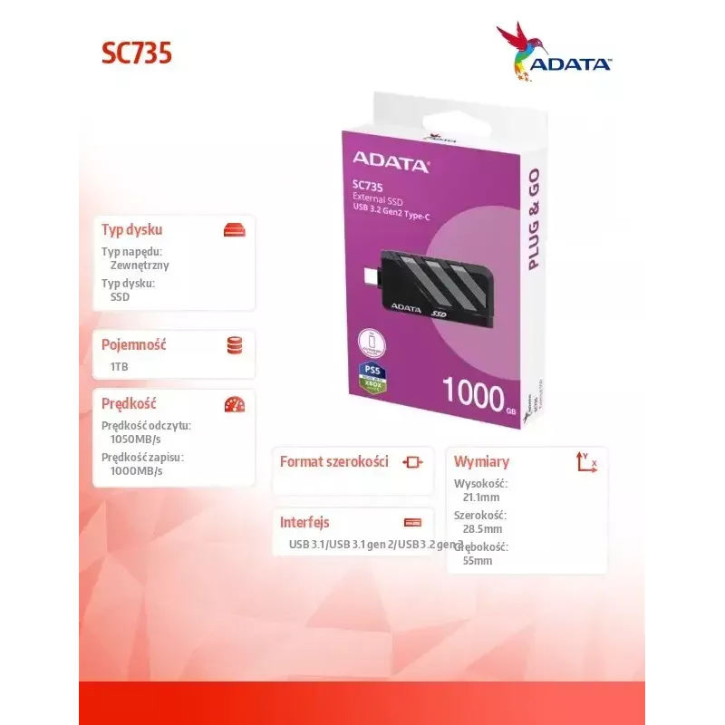 Μονάδα SSD ADATA 1 TB εξωτερικός 2,5 ίντσες U3.2C SC735