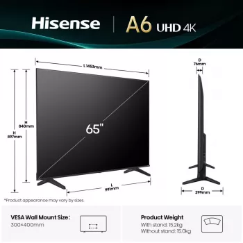 Hisense 65A6Q τηλεόραση 65 ιντσών (165,1 cm) 4K UHD Smart TV, VIDAA, HDR10+, Dolby Vision, Wi-Fi, Bluetooth, μαύρη