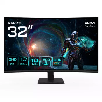 GIGABYTE GS32QCA 80 cm (31,5 inch) QHD Curved Gaming Monitor – 2560 x 1440, 180 Hz, 1 ms, 250 cd/m², FreeSync, HDR, HDMI 2.0, DisplayPort 1.4