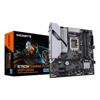 GIGABYTE B760M GAMING PLUS WIFI DDR4 Μητρική κάρτα – Υποστηρίζει Intel Core CPUs 14ης γενιάς, 4+1+1 φάσεις VRM, έως 5333 MHz DDR4 (OC), 2x PCIe 4.0 M.2, Wi-Fi 6, 1 GbE LAN, USB 3.2 Gen 1