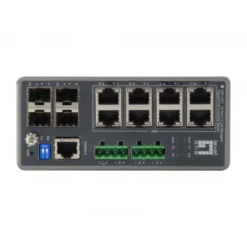 LevelOne IGP-1271 TURING βιομηχανικός διαχειριζόμενος διακόπτης L3 Lite Gigabit PoE+, 12 θύρες (8 x PoE+, 4 x SFP), 240 W, ράγα DIN, DC
