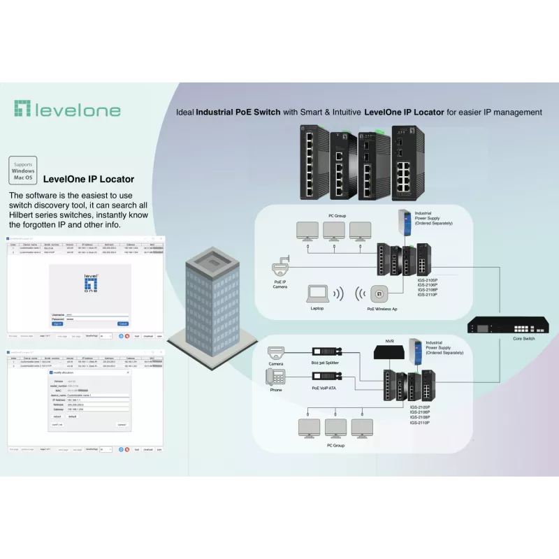 Managed Switch LevelOne Hilbert 8-Port βιομηχανικός Gigabit PoE Smart Lite Switch