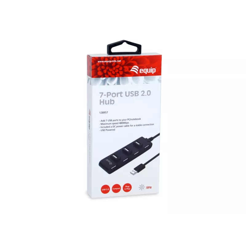 Equip Hub USB 2.0 7 θυρών, USB 2.0, USB 2.0, 480 Mbit/s, μαύρο, Κίνα, CE, RoHS