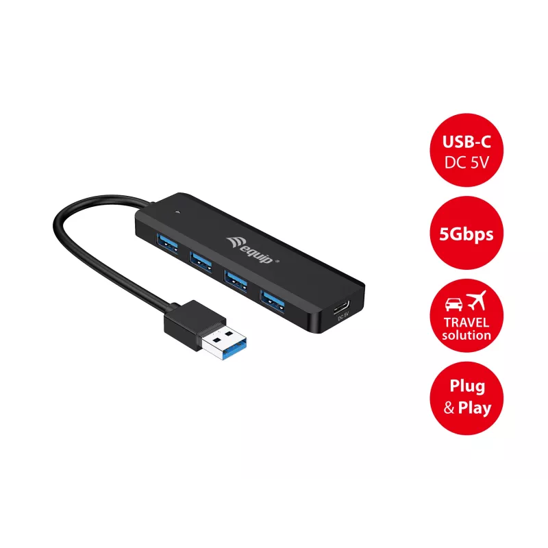 Hub USB 3.2 Gen 1 4 θυρών Equip με προσαρμογέα USB-C μαύρο 5000 Mbit/s