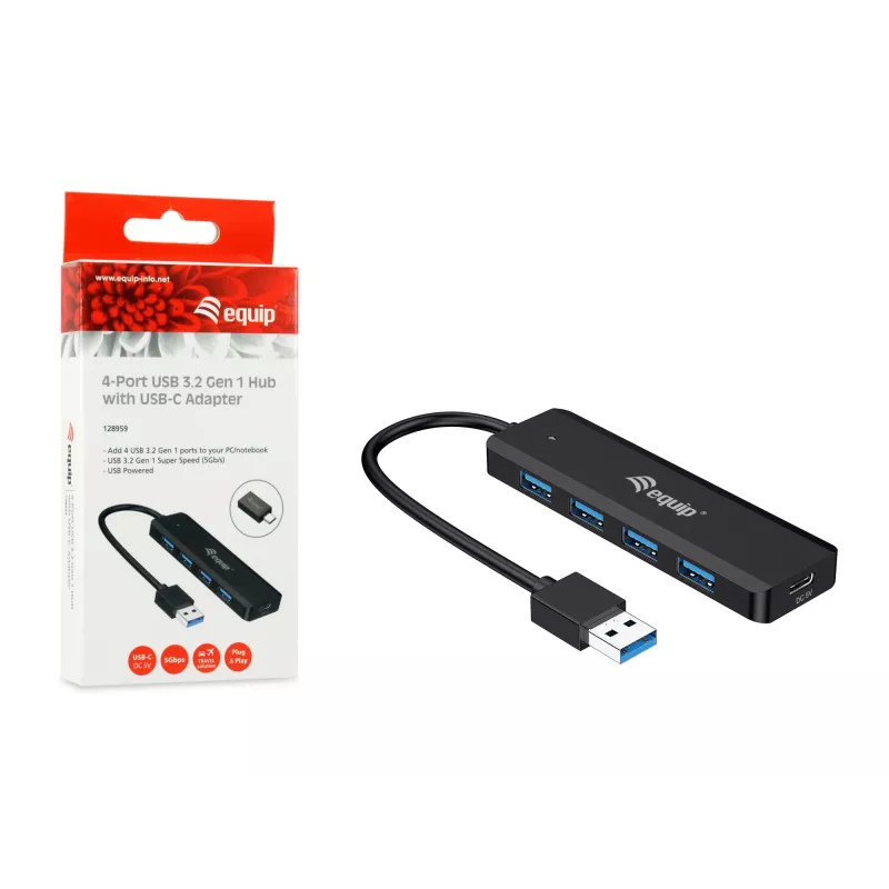 Hub USB 3.2 Gen 1 4 θυρών Equip με προσαρμογέα USB-C μαύρο 5000 Mbit/s