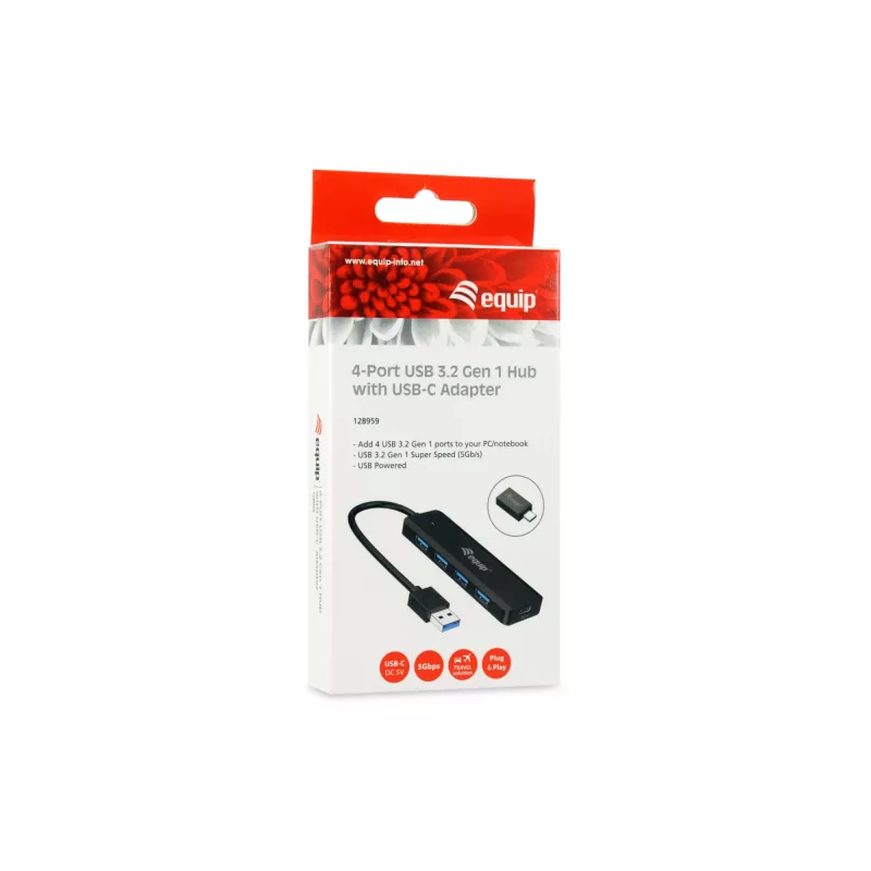 Hub USB 3.2 Gen 1 4 θυρών Equip με προσαρμογέα USB-C μαύρο 5000 Mbit/s