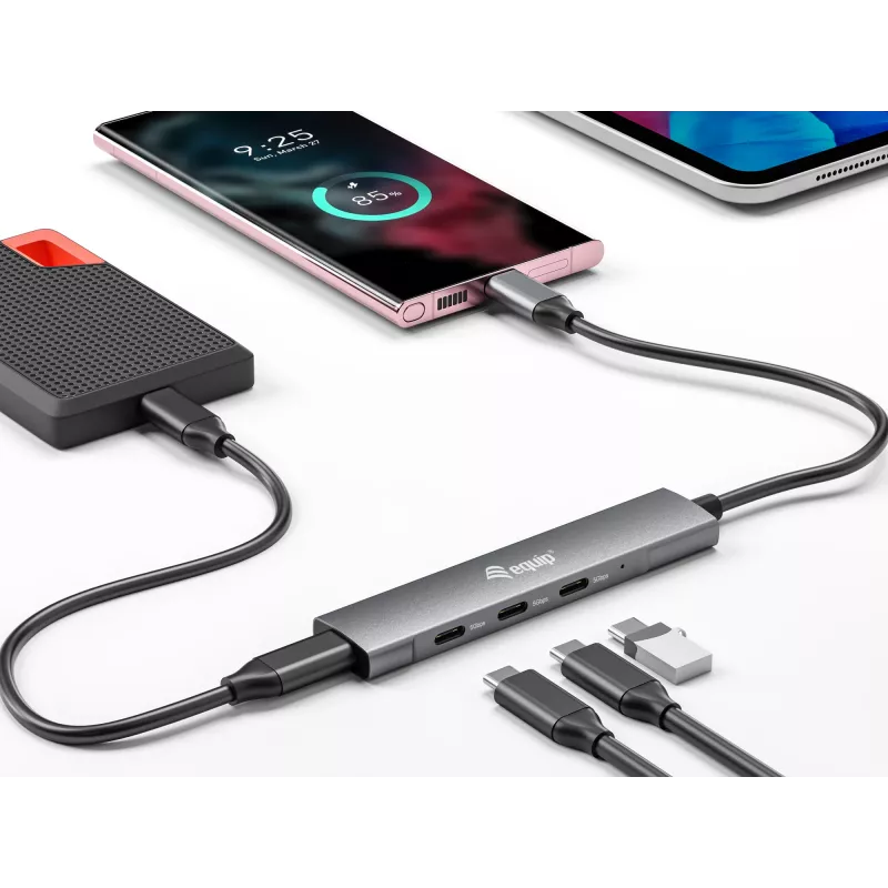Equip 128963 διανομέας USB-C 4 θυρών USB 3.2 Gen 1 (3.1 Gen 1), 4x USB-C, 5 Gbit/s, αλουμίνιο, χωρίς τροφοδοτικό, μαύρος/ασημί