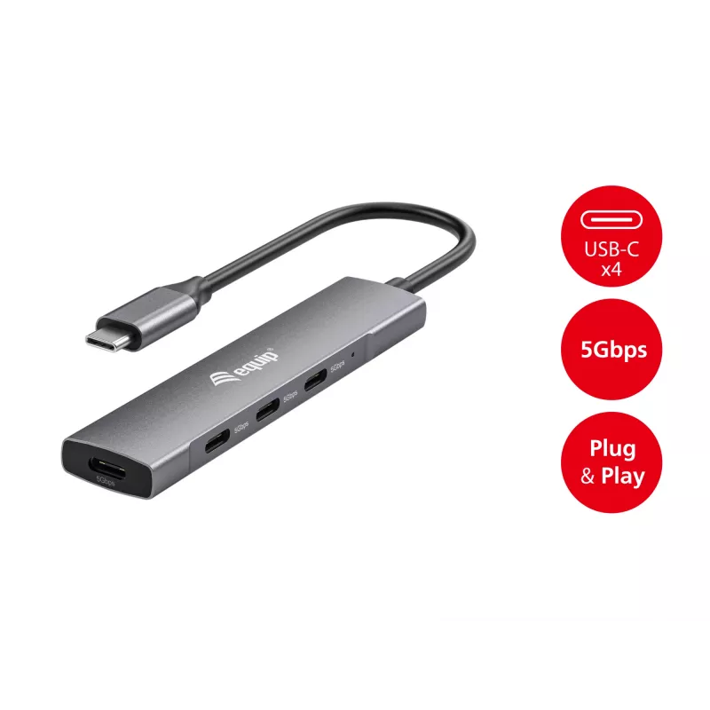 Equip 128963 διανομέας USB-C 4 θυρών USB 3.2 Gen 1 (3.1 Gen 1), 4x USB-C, 5 Gbit/s, αλουμίνιο, χωρίς τροφοδοτικό, μαύρος/ασημί