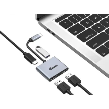 Equip USB-C προσαρμογέας Dual-HDMI 4-in-1, USB 3.2 Gen 1 (3.1 Gen 1) Type-C, ασημί, 4K Ultra HD, 30 Hz, HDMI, αλουμίνιο