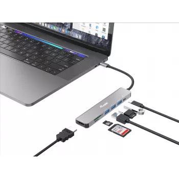 Equip USB-C 7-in-1 πολυλειτουργικός αντάπτορας, HDMI 4K/60Hz, USB 3.2 Gen1 x3, TF/Micro SD, 100W USB PD