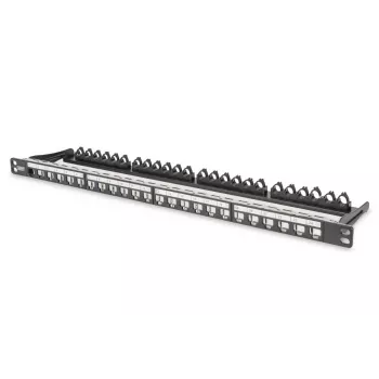 DIGITUS Modular patch panel, θωρακισμένο 24-Port, πεδίο σήμανσης, 0,5HE, τοποθέτηση σε rack, χρώμα μαύρο RAL 9005