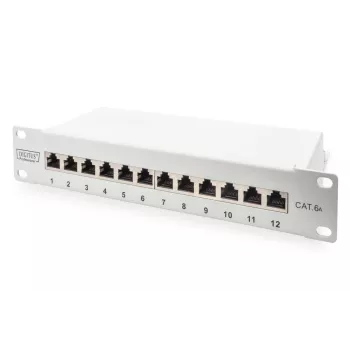 DIGITUS CAT6A Patchpanel, θωρακισμένο, 12 θυρών πεδίο σήμανσης, 1U, 10 ίντσες τοποθέτηση σε rack, γκρι RAL 7035